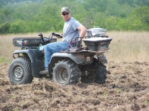 Beans are simply broadcast and sowed in using a disc.  Broadcast the beans at a rate of about 200,000 seeds per acre and use the replacement method for fertilizing, also broadcasting the fertilizer.