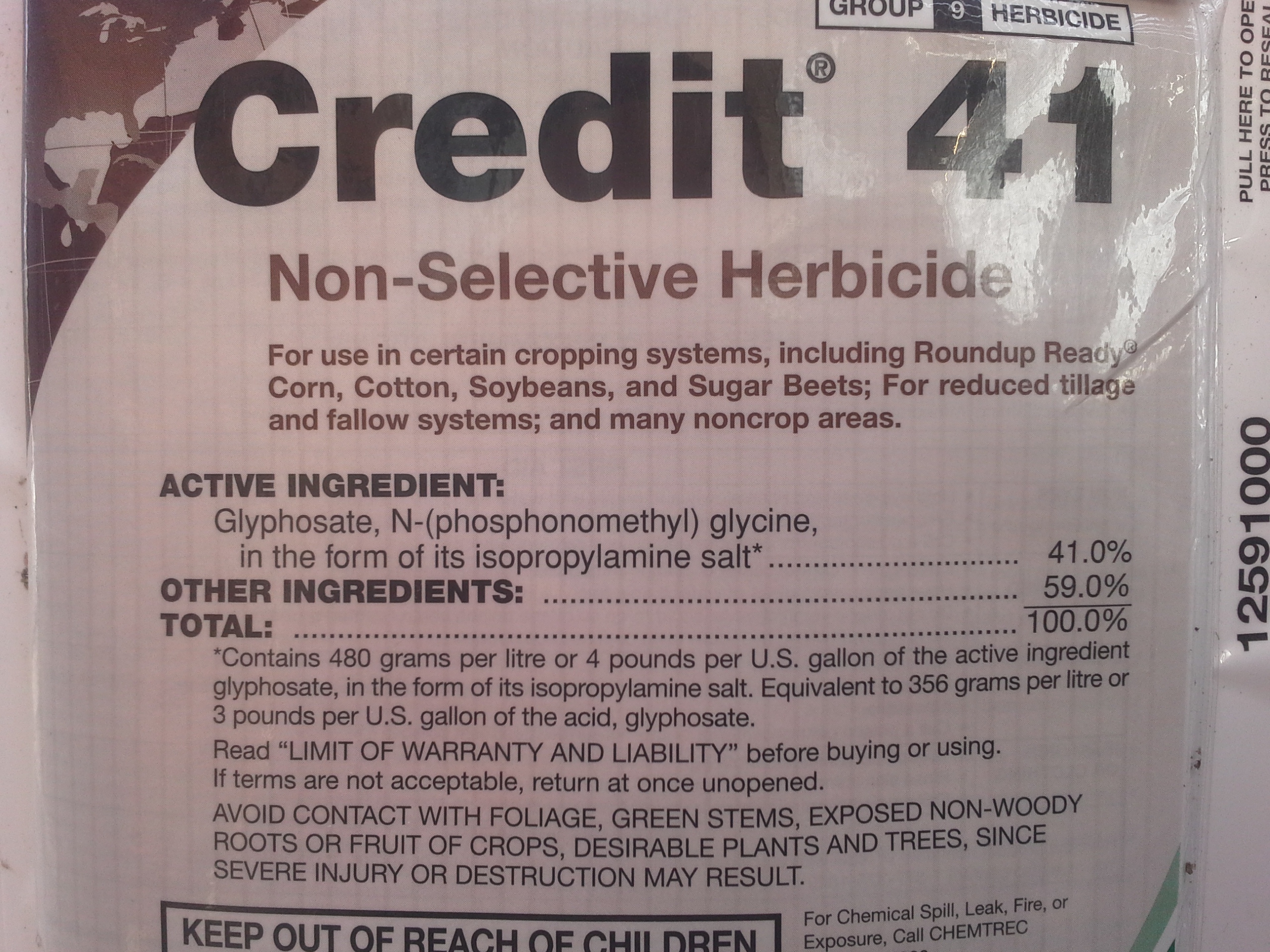 Glyphosate non-selective herbicide comes by many brand names.  This 2.5 gallon jug is brand named Credit.  Glyphosate is the all around kill everything herbicde.