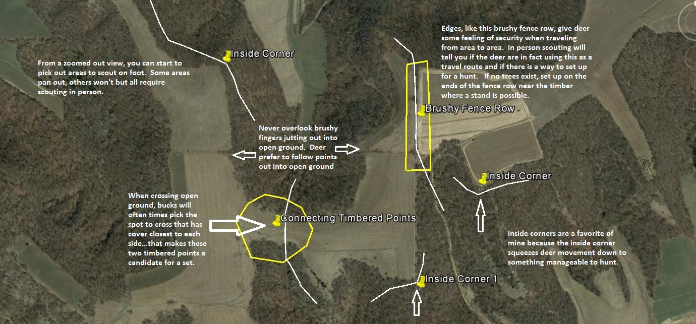 From a zoomed out view, you can easily pick up terrain features like fence rows, inside corners, brushy points, etc.